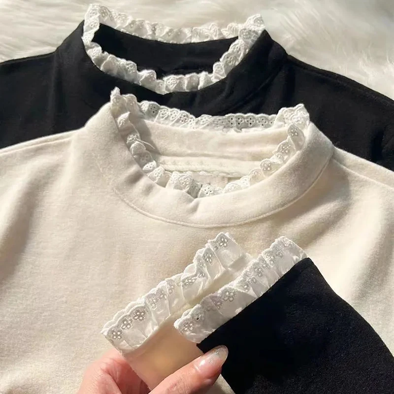 Lace Patchwork T Shirt Women Autumn Winter Long Sleeve O Neck Slim Fit Bottoming Tees Vintage Casual Solid Simple Female Tops