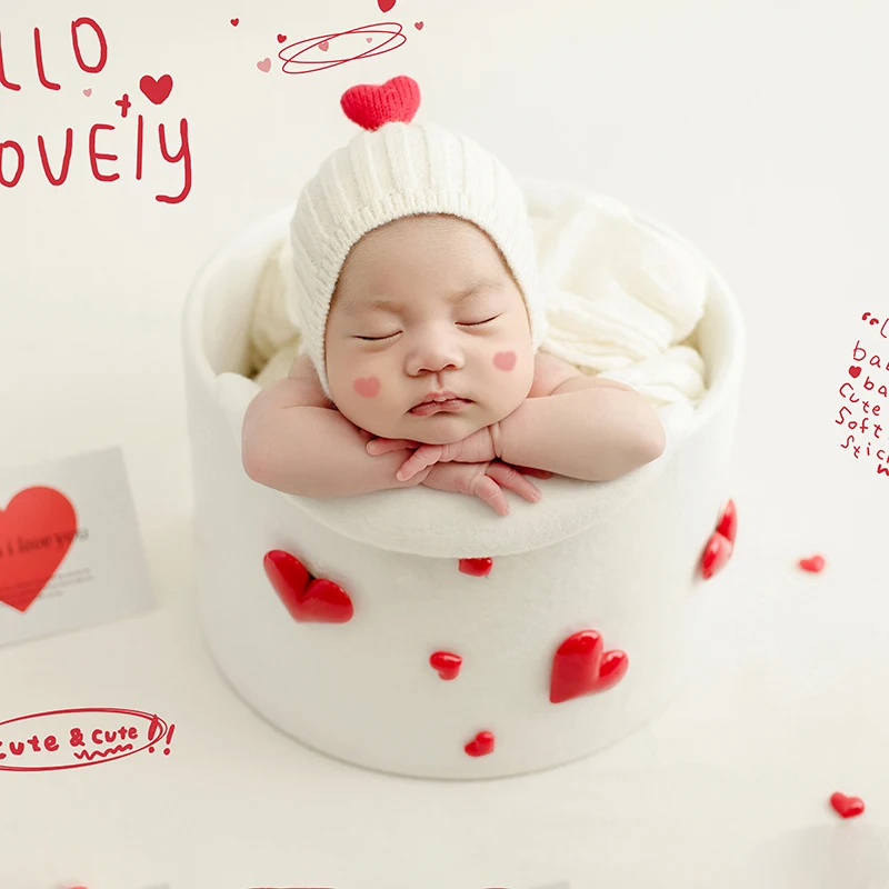 0-1 Maand Baby Liefde Thema Fotografie Rekwisieten Rode Liefde Combinatie Rekwisieten Gebreide Muts Decoratie Studio Schieten Accessoires