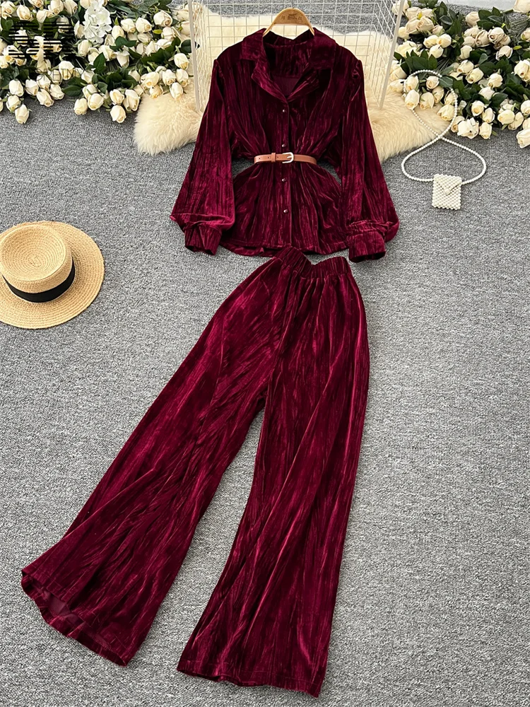 SINGREINY Autumn Senior Velvet Two Pieces Suits Long Sleeve Loose Shirt With Belt+Wide Legs Long Pants Women Casual Thick Sets