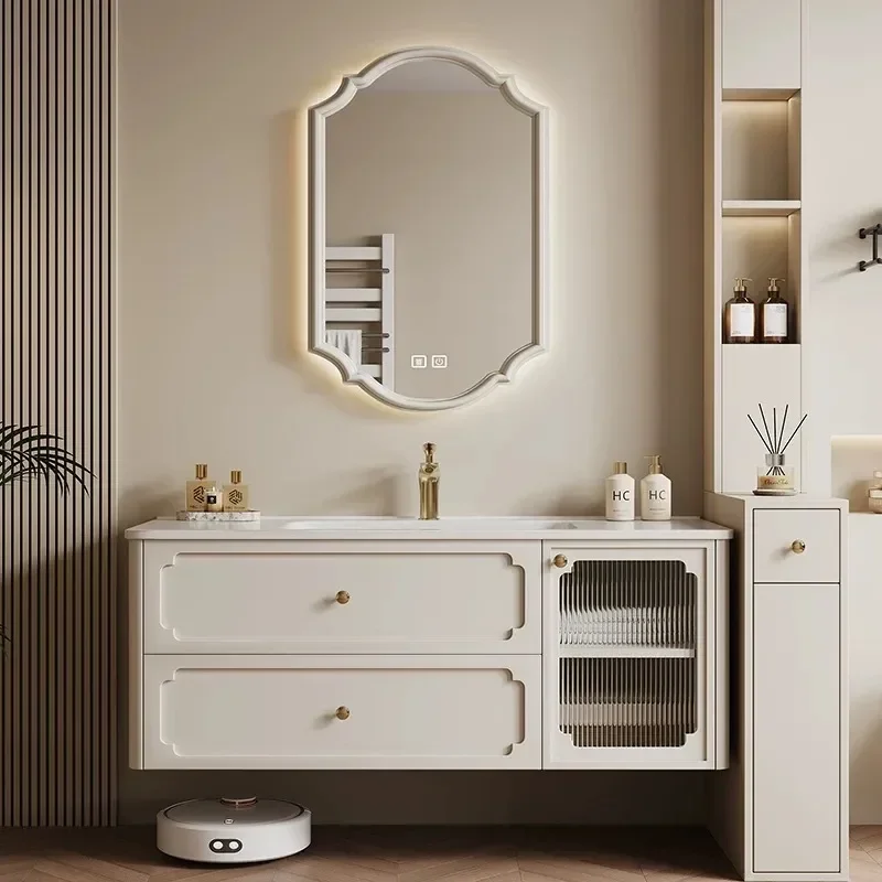 New French Style Light Luxury DuPont Corian Integrated Basin Bathroom Cabinet Solid Wood Smart Mirror Cabinet Washbasin Combo