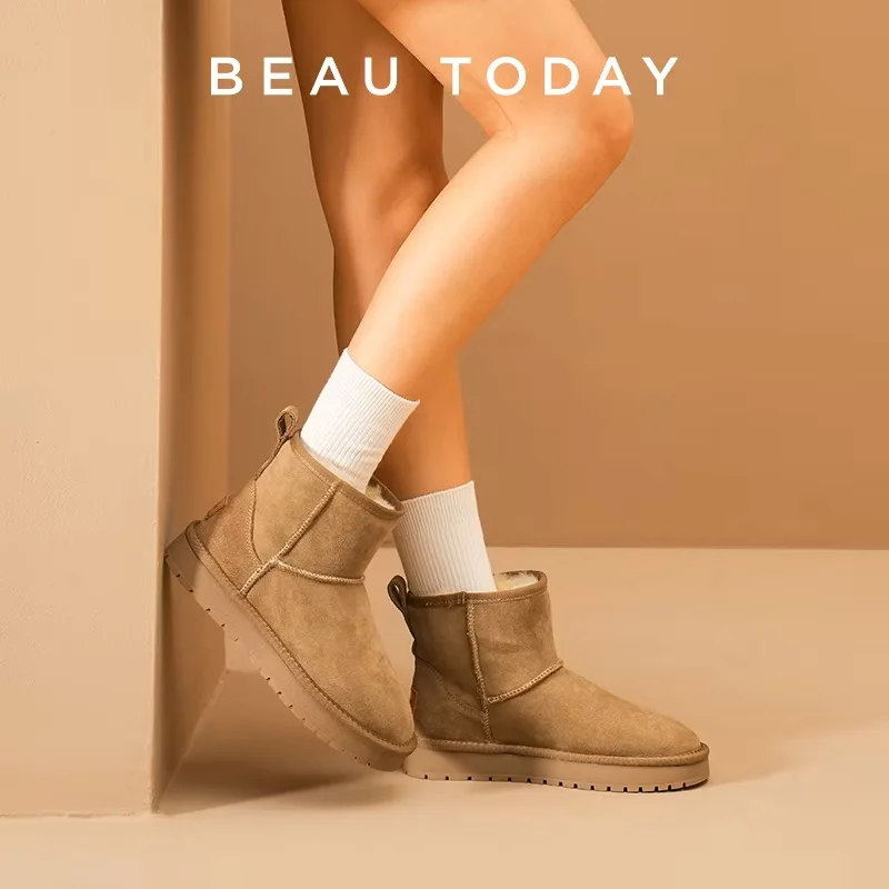 BEAUTODAY botas de nieve de gamuza para mujer, punta redonda plana con suela Ultra Mini gruesa, botines de color Camel, invierno hecho a mano 08067