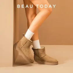 BEAUTODAY Snow Boots Women Suede Round Toe Flat With Ultra Mini Thicked Sole Camel Ankle Boots Ladies Winter Handmade 08067
