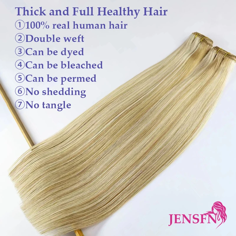 JENSFN 100% Really Human Hair Weft Bundles Extensions Straight 16
