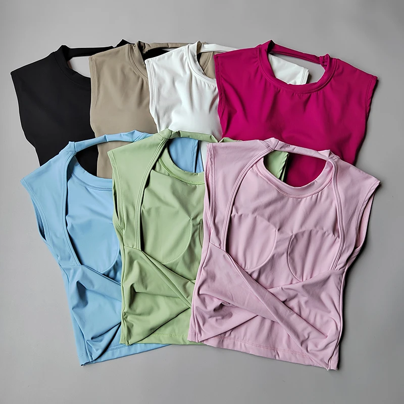 

Yoga Short-sleeved Women's Fixed Chest Pad Running Gym Sexy Backless Short Training Sports T-shirt Waist Slimming Fitness Vest