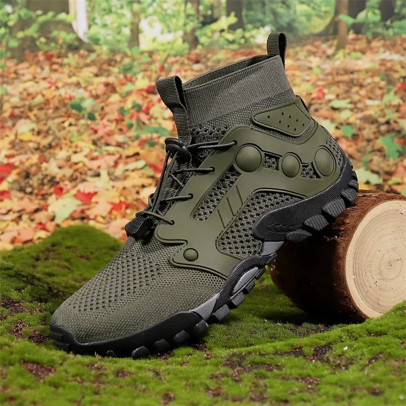 Plus Size Outdoor Hiking Trekking Shoes Men's Anti-Slip Walking Work Safety Swimming Wading Crossbody Footwear River Army Green