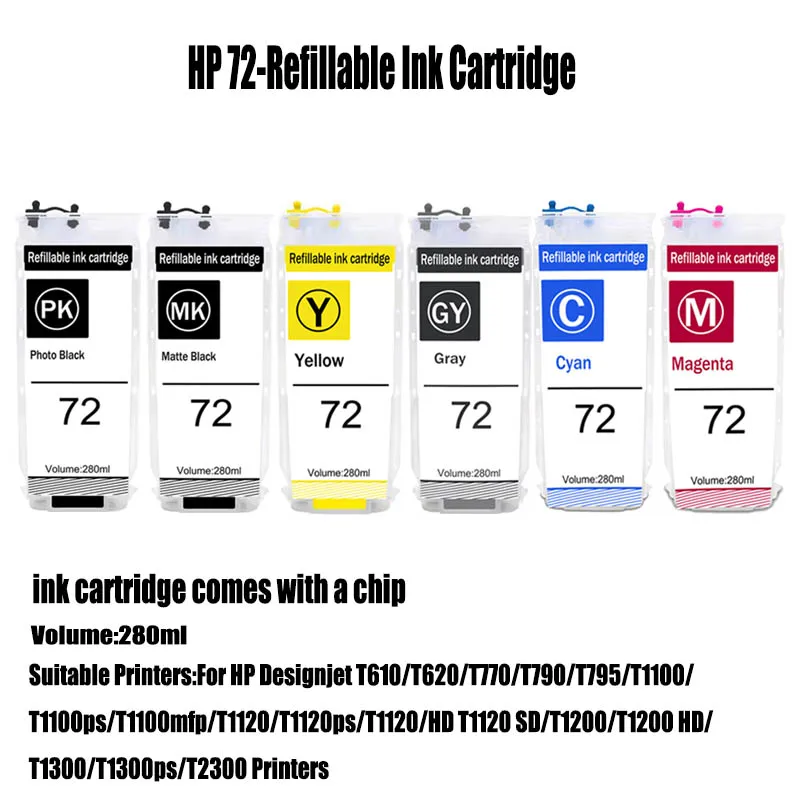 Cartucho de tinta recarregável HP72 280ml para impressora HP Designjet T620 T2300 T770 T795 T1200 C9403A C9370A