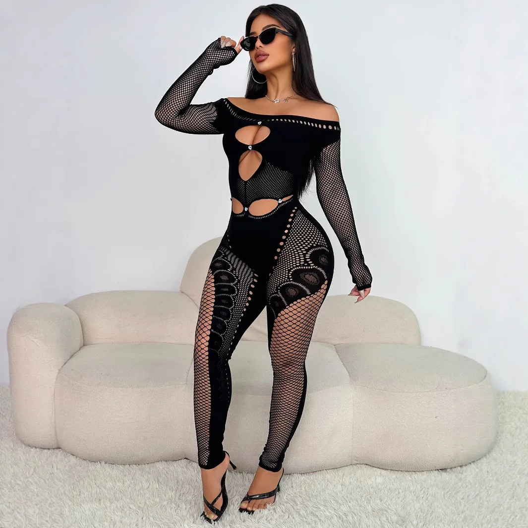 جمبسوت حريمي ثوب فضفاض من الدانتيل شبكي مفرغ ورقبة مائلة وأكمام طويلة بطول الكاحل سروال ضيق مناسب ملابس الشارع لصيف 2025