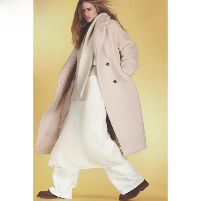 

Autumn Winter Thiened Double-breasted Lamb Fur Fce Coat Women's Faion Outerwear Sweet Sle V-ne Long Sve Coat