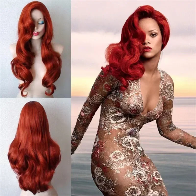 Euramerican Fashion Woman Wine Red Long Hair Curly Full Wig High-temperature Silk Daily Wear Festival Party Ball Simulated Hair
