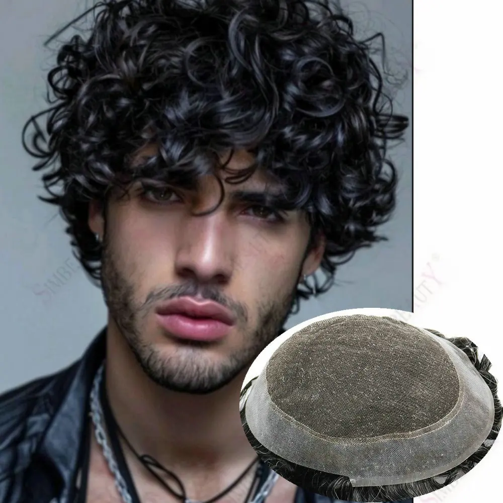 

28mm Men's Curly Hair Replacement System Australian Lace&PU Base 100% Human Hair Toupee Natural Hairline Capillary Prosthesis