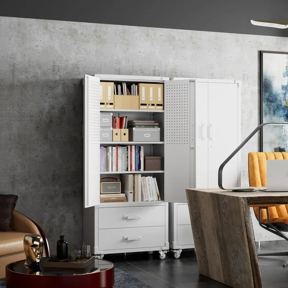 Upgraded Metal Garage Storage Cabinet with Wheels and 2 Drawers, Lockable Rolling Tools Cabinet with Pegboards and Hooks,Assemb