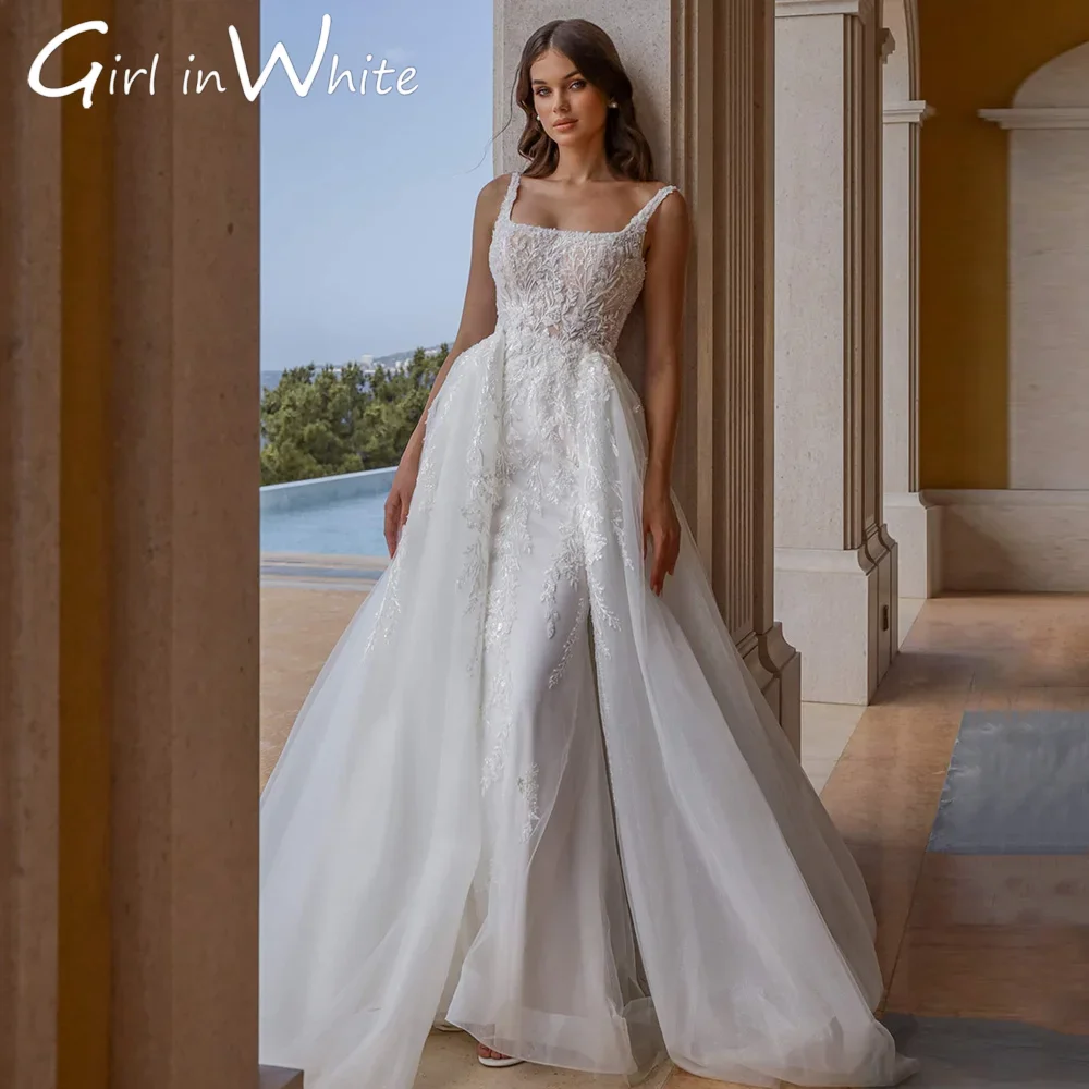 

Mermaid Wedding Dress Spaghetti Straps Train Customized Square Neck Backless Applique Sweep Train Vestido De Noiva Bridal Gown