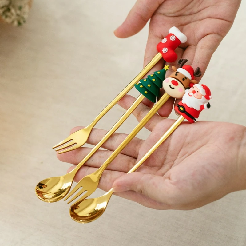 4/6pcs Christmas Spoon and Fork Set Stainless Steel Creative Tableware Coffee Tea Dessert Spoon and Fork Exquisite Gift Set