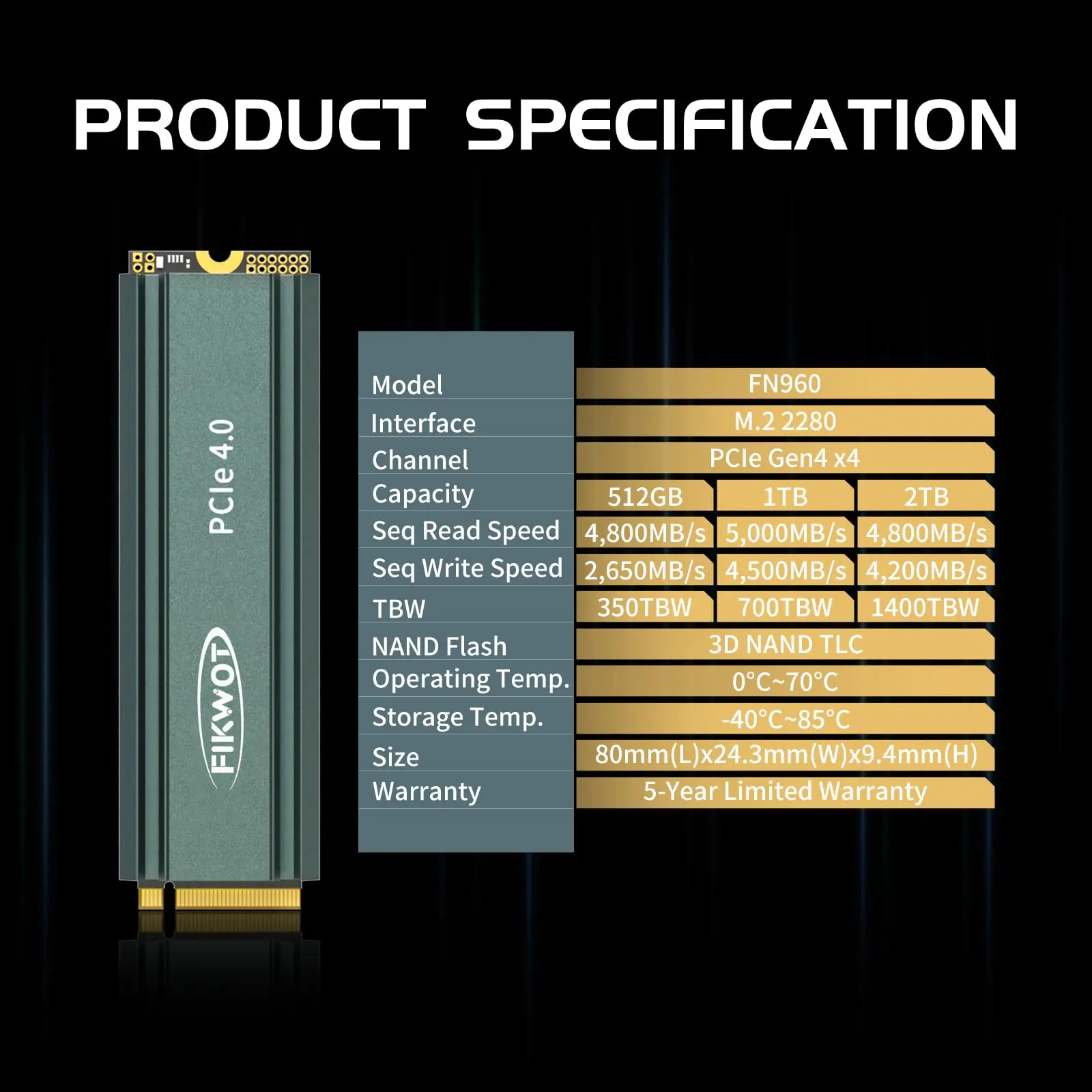 Fikwot FN960 SSD 512 ГБ 1 ТБ 2 ТБ M.2 SSD PCIe4.0x4 SSD 5000 МБ/с M.2 NVMe Жесткий диск Внутренний твердотельный накопитель для PS5 Настольный ПК