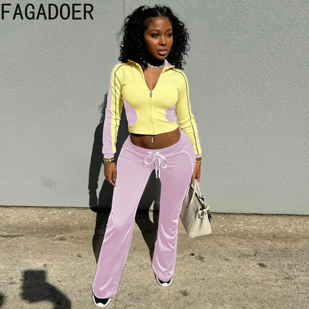 FAGADOER Spring 2025 New 2 Piece Sets Women Outfit Casual Color Blocks Zip Crop Top + Drawstring Pants Suits Streetwear Clothing