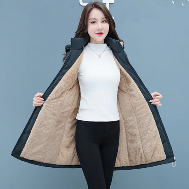 UHYTGF 2022 Parkas Jackets Womens Hooded Windproof Autumn Winter Cotton Coats Female Plush Thicken Cold Proof Warm Overcoat 1958