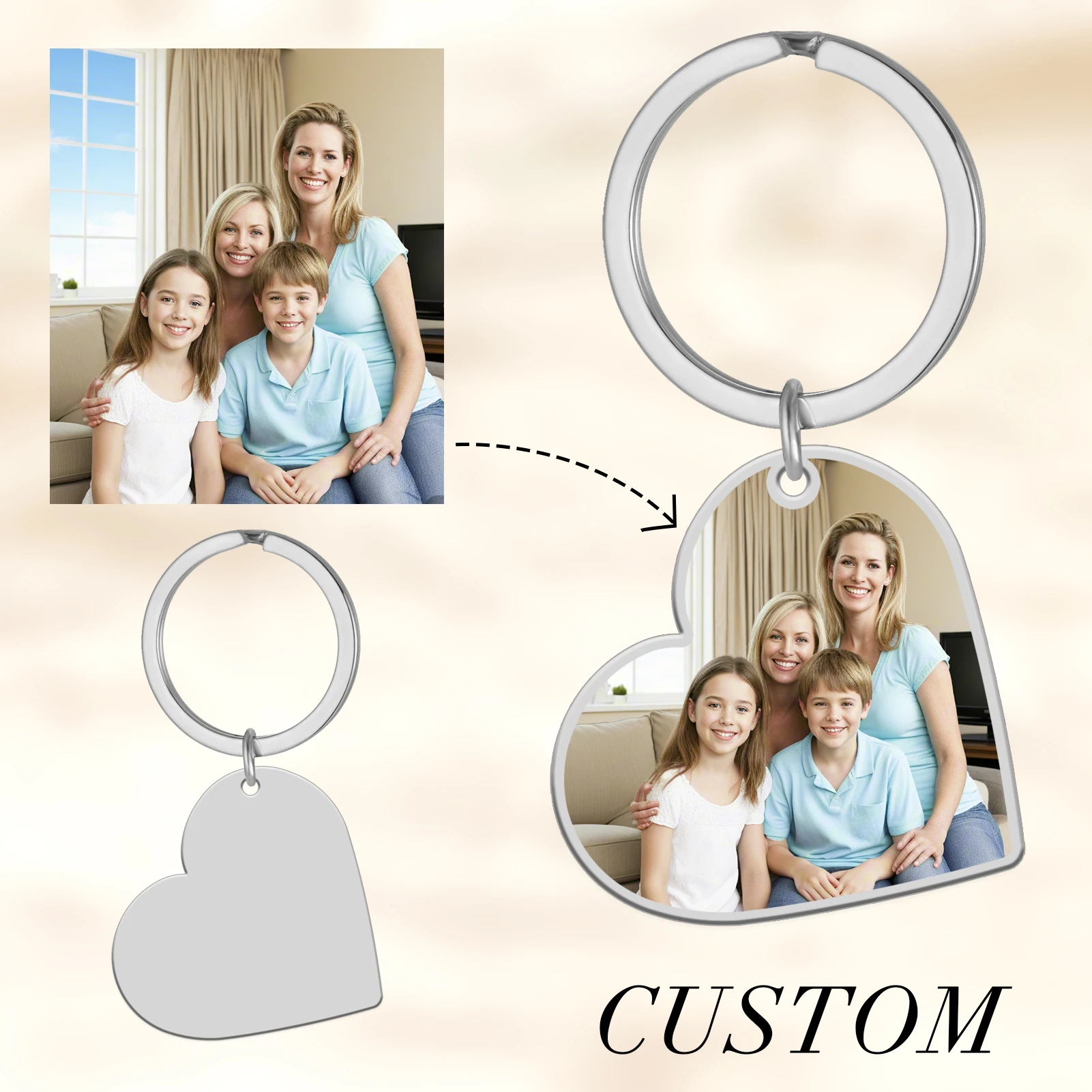 Personalisierter Foto-Herz-Schlüsselanhänger aus Edelstahl mit Individueller Fotodruck-Option, Schmuck, Valentinstagsgeschenk