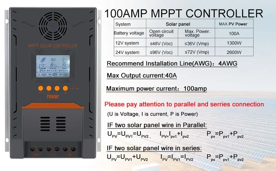 PowMr MPPT Solar Charge Controller 12V/24V Auto 100A Max PV Input 96V with RS485 K100 Pro