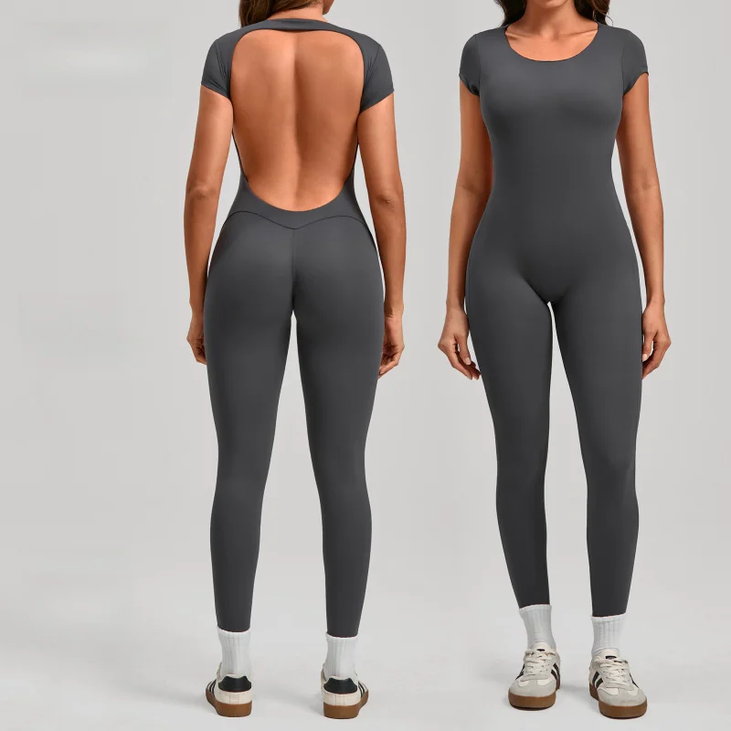 

Весенний облегающий быстросохнущий комбинезон для йоги, цельный комплект для йоги с коротким рукавом, без спинки, с эффектом подтяжки ягодиц, спортивная одежда для фитнеса
