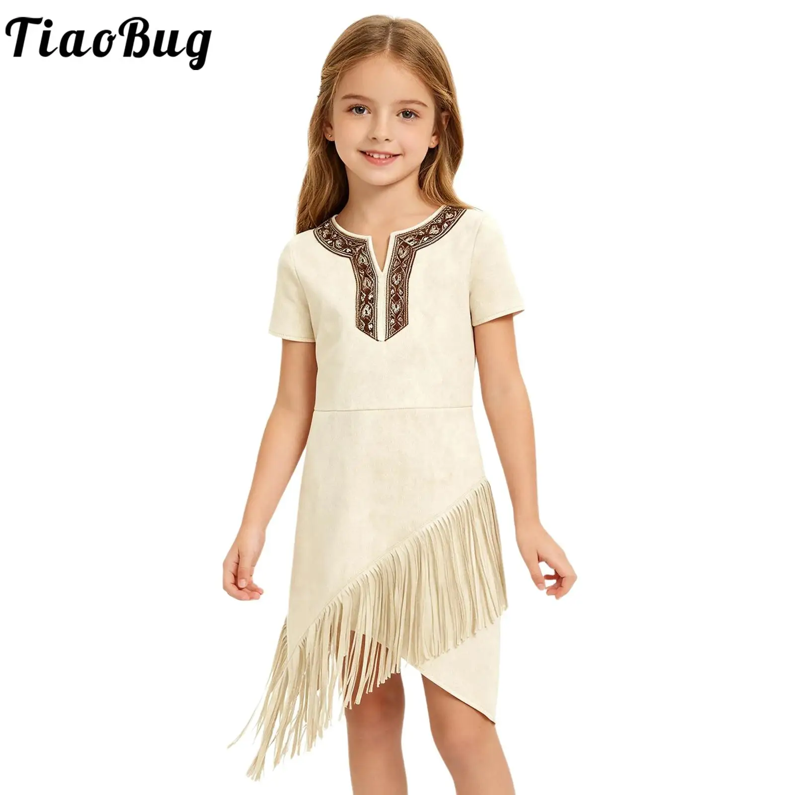 Children Girls Indians Indigenous Dress Halloween Native American Cosplay Costume Short Sleeve Irregular Tassels Hem Suede Dress