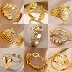 Jesus Cross Rings For Women Men Metal Golden Wide Large Adjustable Ring Vintage Design Religious Finger Rings Party Jewelry