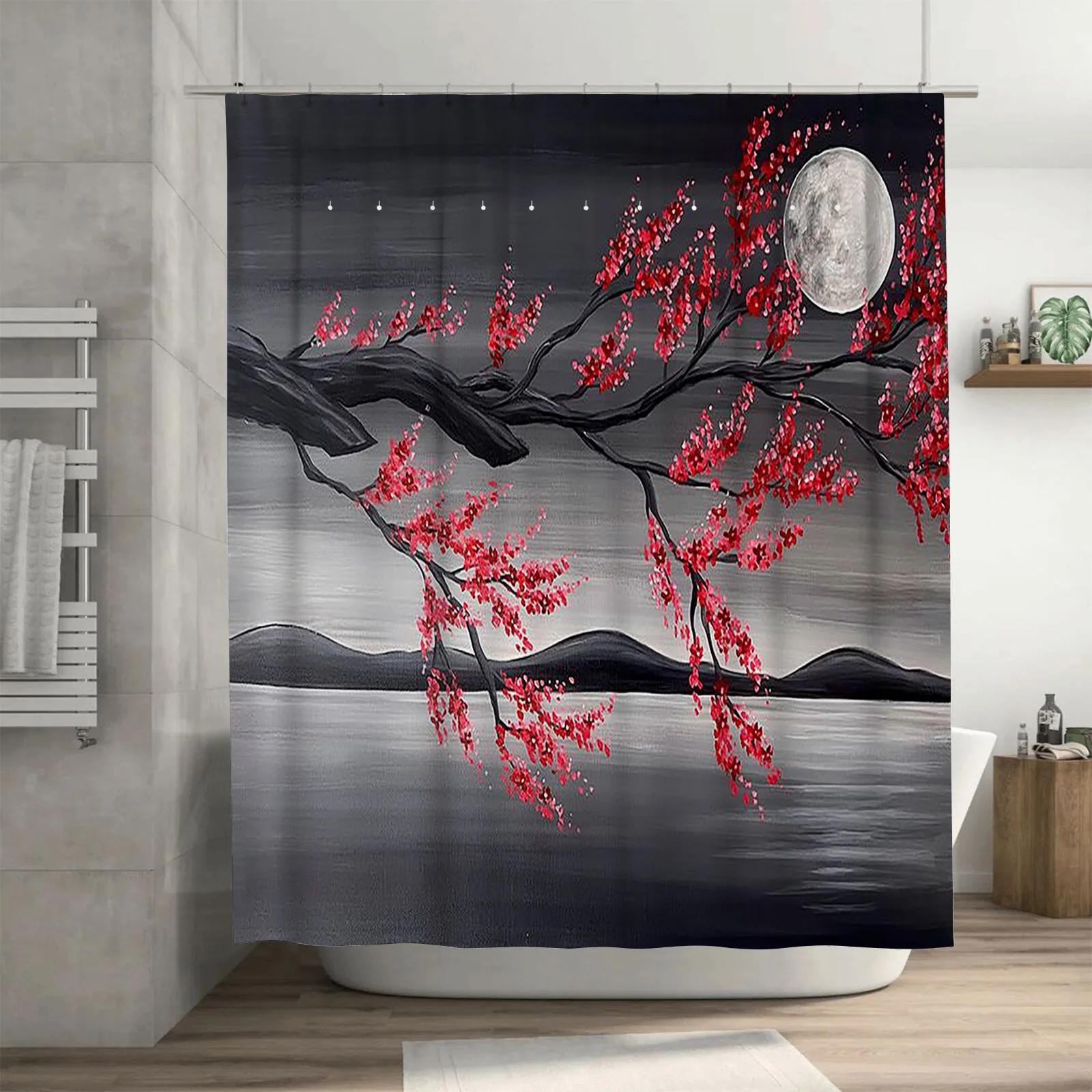 

Водонепроницаемая занавеска для душа с красными цветами и луной, термостойкая, можно стирать в машине, непрозрачная, 180x180 см