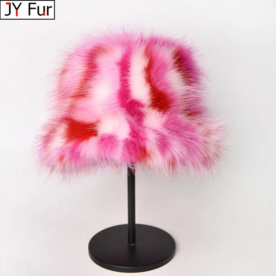 

Autumn Winter Fluffy Warm Rainbow Faux Fox Fur Bucket Hat Women Fashion Casual Outdoor Y2K Fisherman Hat Festival Hats