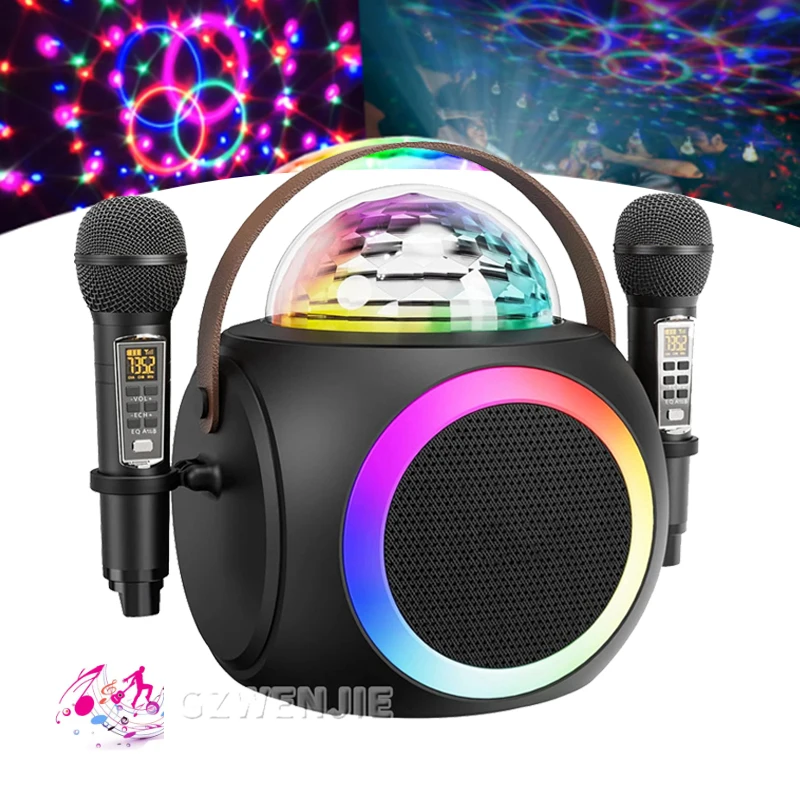 Bluetooth Wireless Portable Speaker Multi-function Karaoke with 2 Microphone And LED Colorful Light Small Home Ktv Music Player