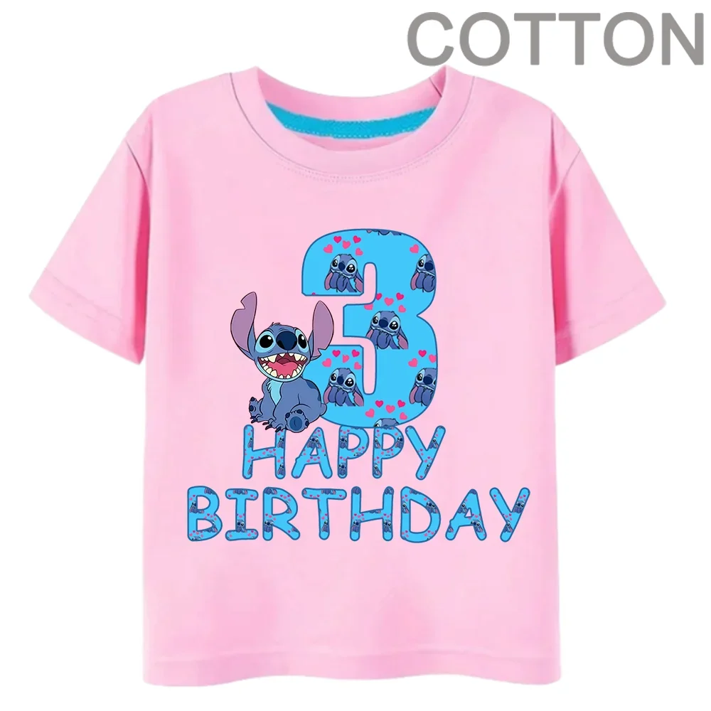 Różowa Lilo ścieg urodziny dzieci numer 1-14 T Shirt Kid Kawaii Boy Girl odzież codzienna Anime koszulki dla dzieci koszulka