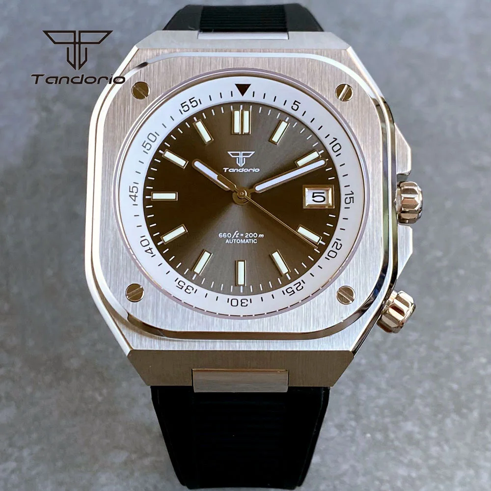 

Tandorio NH35 Mechanical Square Automatic Watch Exhibition Back Double Crowns Men's Watches Sapphire Date Silicone Band Lume GMT