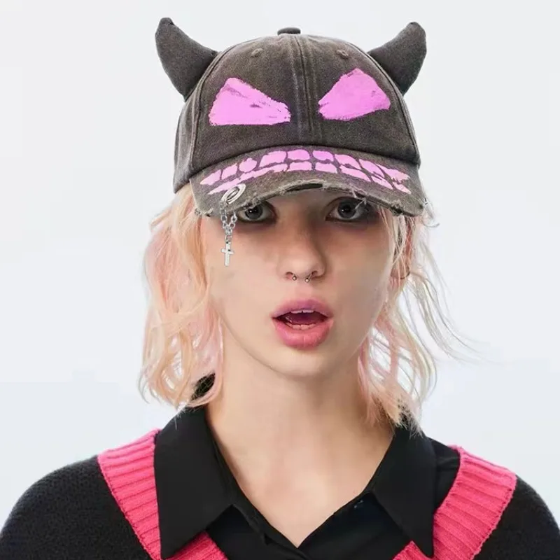 Japanese Niche Wasteland Style Little Devil Horn Hand-painted Hole Baseball Cap for Men and Women Street Fashion Hip-hop Hat Y2k