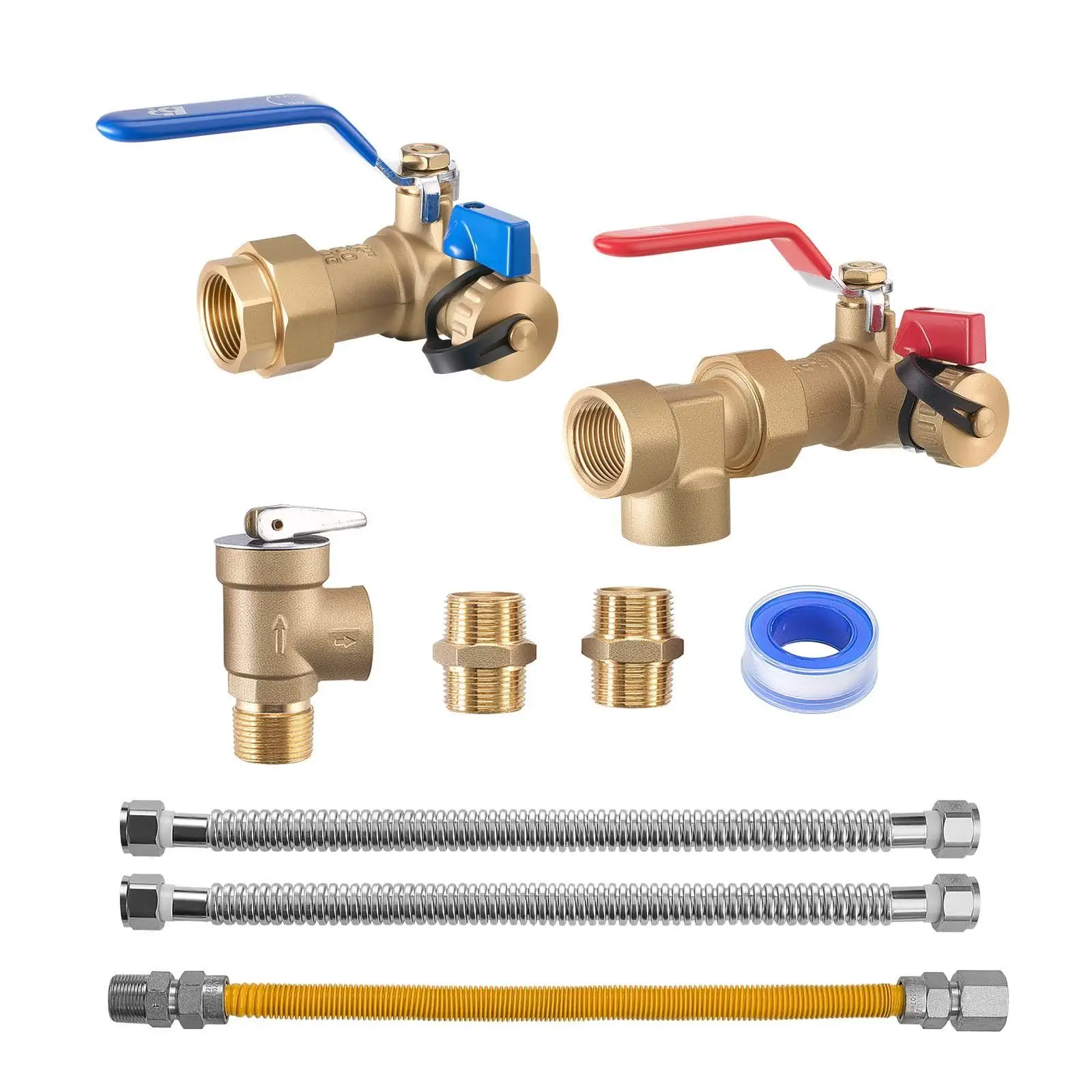 

Water Heater Kit, 3/4 Inch Cold & Hot Water Plumbing Repair Kit with 600 WOG Isolation Valves, Pressure Relief Valve,