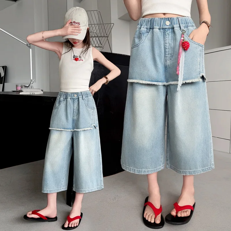 Street Style Kids Children Summer Wide Leg Cropped Jeans With Fart Curtain for Girls Trendy Denim Capri Mid-Calf Jeans Pants