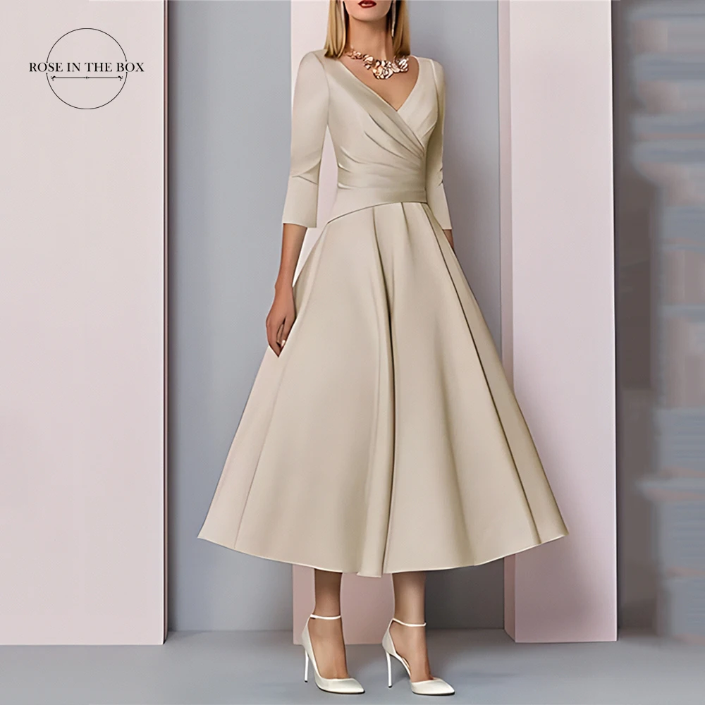 2024 A-Line Sleek Satin Mother of the Bride Dresses for Women Vintage Elegant V Neck Tea Length Evening Dress with Pleats