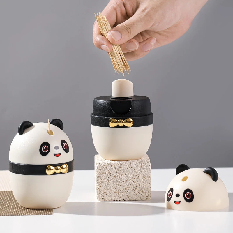 Portable Cartoon Panda Toothpick Storage Box Cotton Swab Storage Household Press Dental Floss Box Desktop Creative