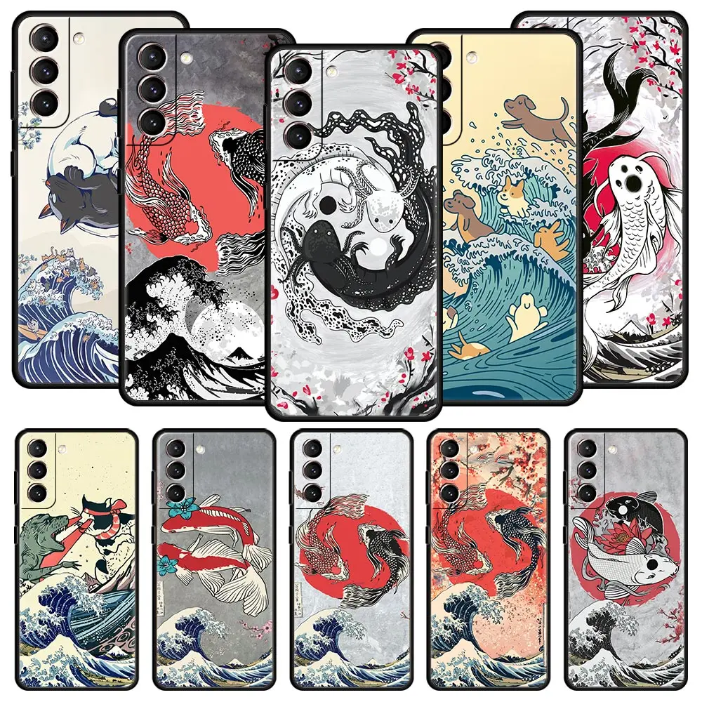 Koi Fish Case For Samsung Galaxy S22 Ultra S21 S20 FE 5G S10 S9 S24 Plus S10E S23 Phone Cover Black Silicone Shell