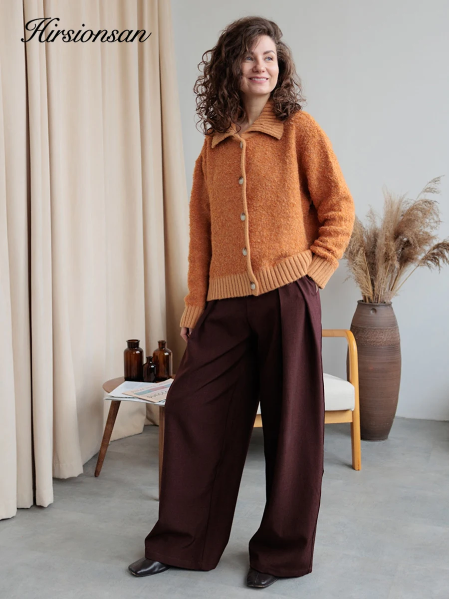 Hirsionsan Elegancki Sweter Damski z Długim Rękawem 2025 Nowy Jednorzędowy Damski Kardigan Casual Miękki Kaszmirowy Dzianinowy Płaszcz Brązowy