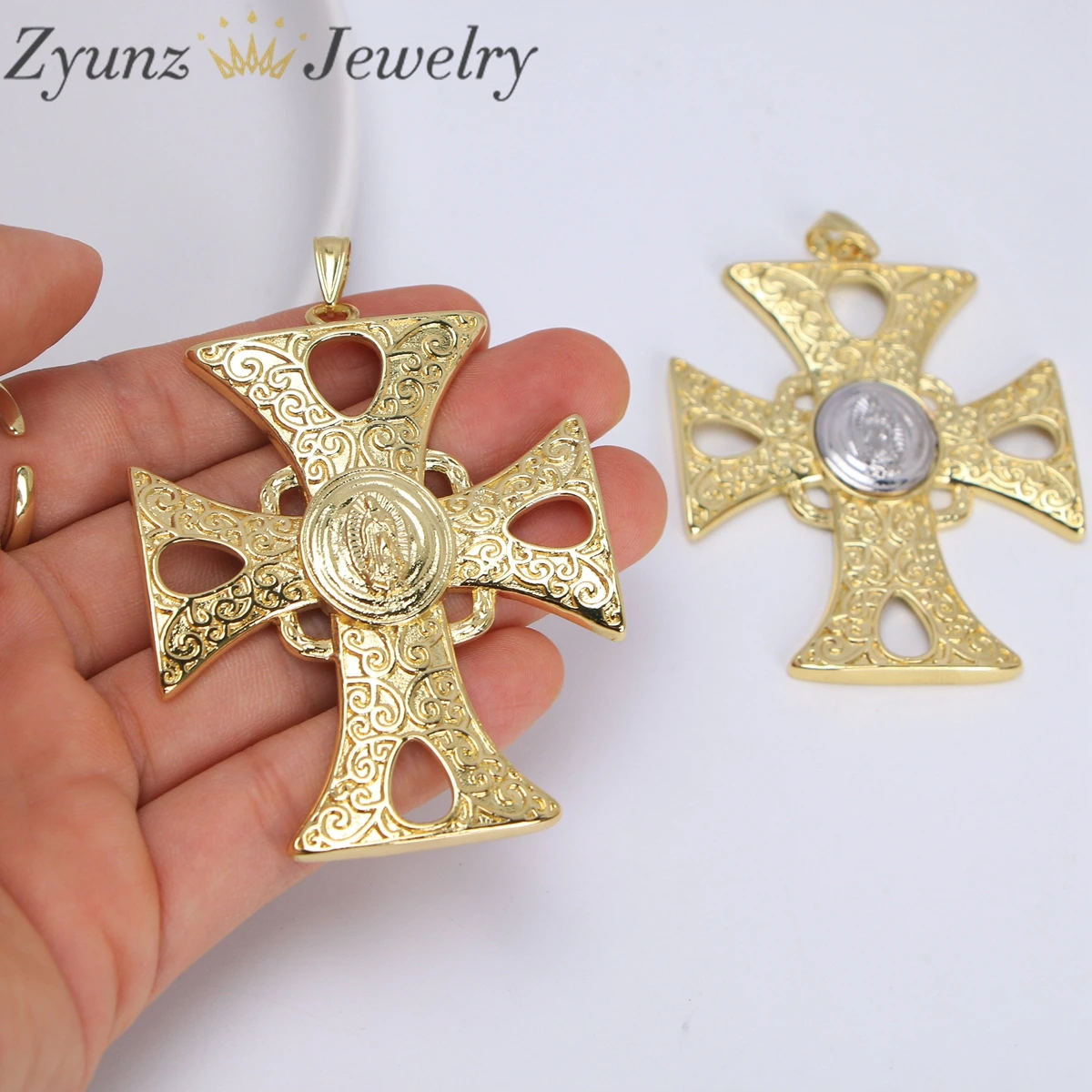 5Pcs, 18K Gold Plated Large Cross  Virgin Mary Religious Pendant DIY Jewelry Making