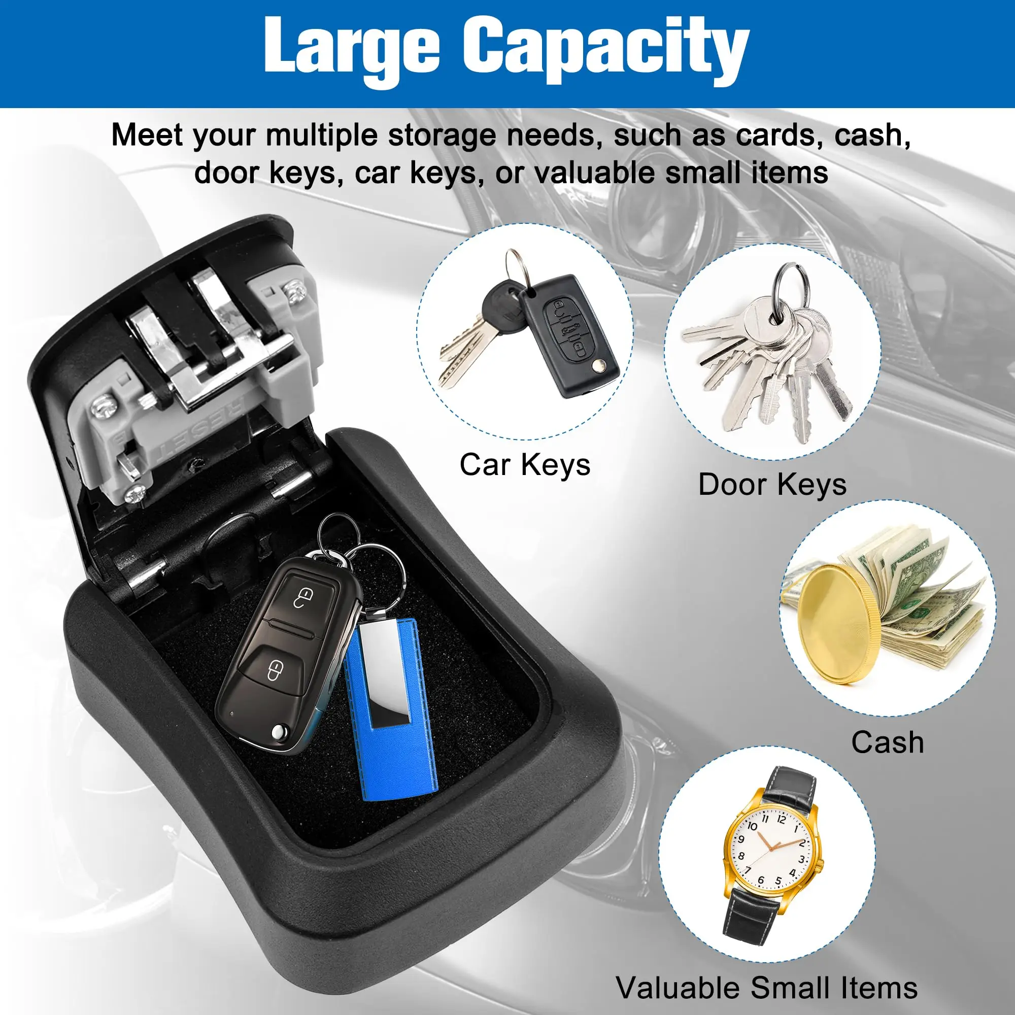 Magnetic Key Holder with Lock Plastic Magnet Car Key Lock Box Hidden Under Car Secure 4-digit Combination with Resettable Code