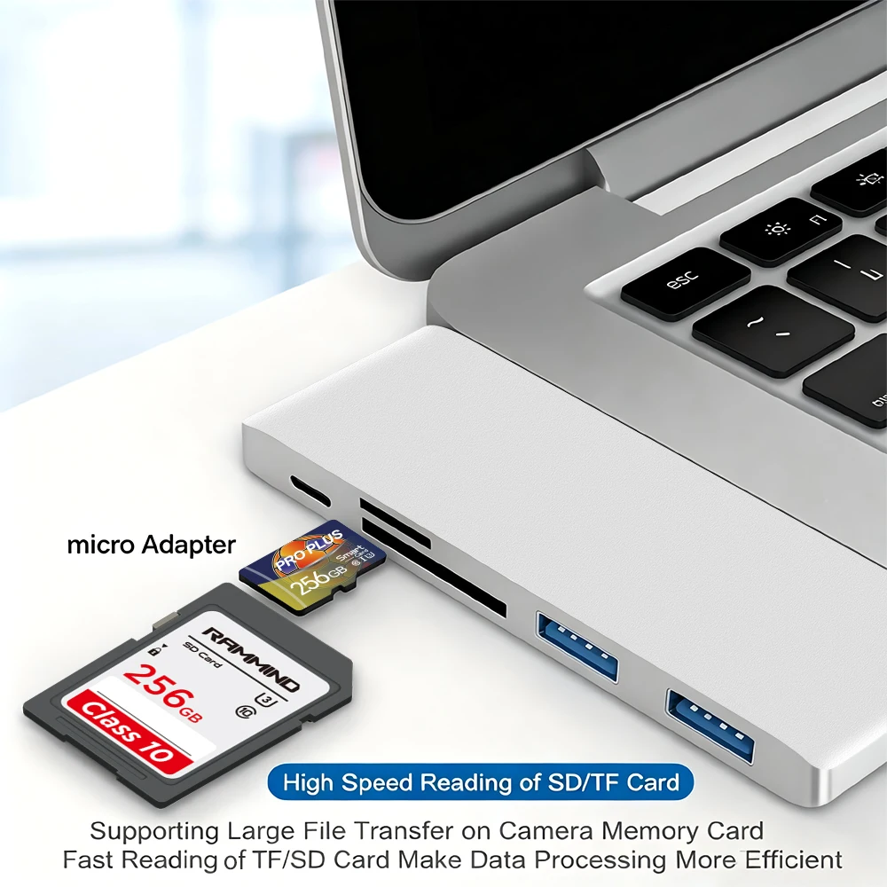 Type‑C Multiport Hub, 100W PD Charging Adapter, 5Gbps USB3.0 USB2.0 SD TF Card Reader for Laptop MacBook