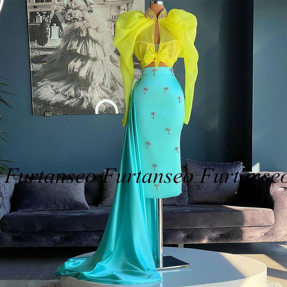 Exquisite Cocktail Dresses Puff Sleeves See Through Crystals Stones Tea Length Evening Dress Wedding Party Gown Candy Color