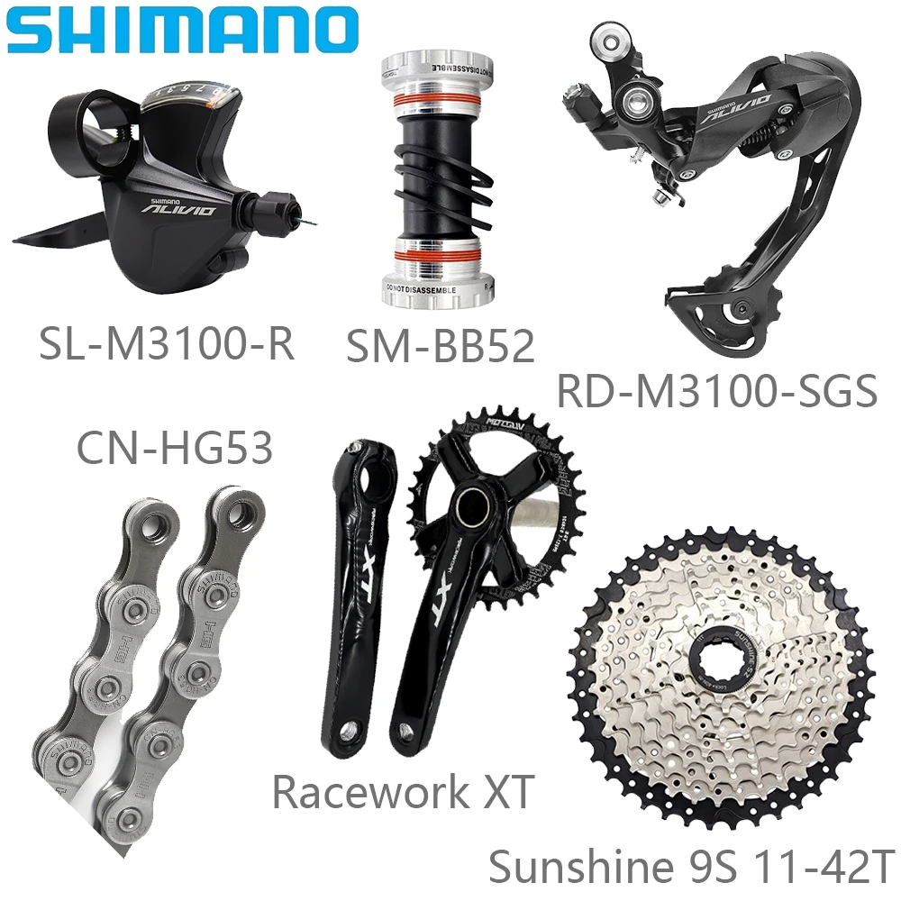 SHIMANO M3100 9 Speed Derailleur Kits KMC X9/HG53 Chain Racework XT Crankset Sunshine 9s 11-42/46/50T Cassette Bicycle Parts