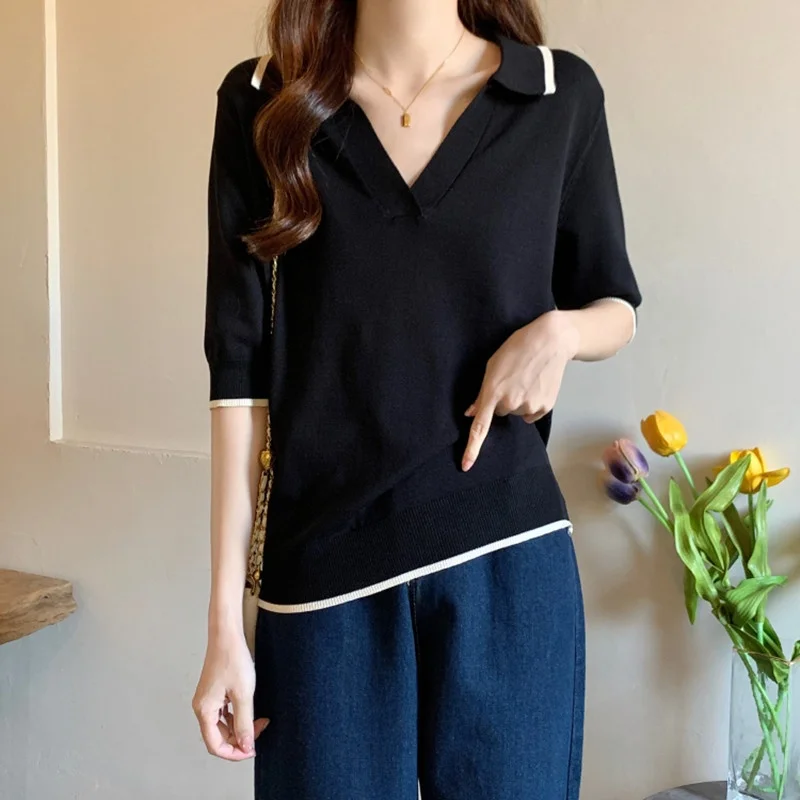 الكورية Sle فضفاض التخسيس Ne ort Sve تي شيرت محبوك المرأة الصيف جديد كبير الحجم تنوعا تنفس V-Ne