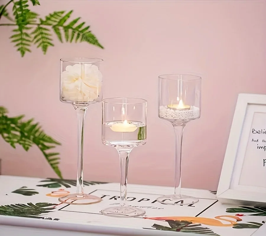 3pcs/set Glass Candle Holder,Tea Light Candle Holders,Tall Tealight Candle Holder For Table Centerpiece,Clear Candleholders