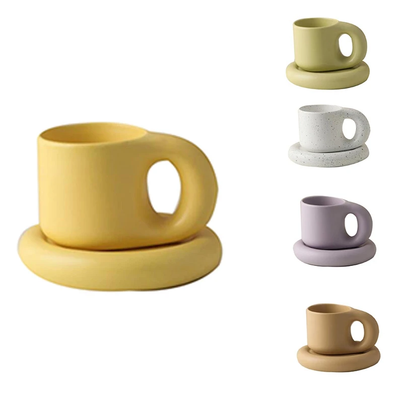 

300Ml Creative Handmade Handle Mug And Oval Plate Ceramic Cup Saucer For Coffee Tea Milk Cake Nordic Home Decor