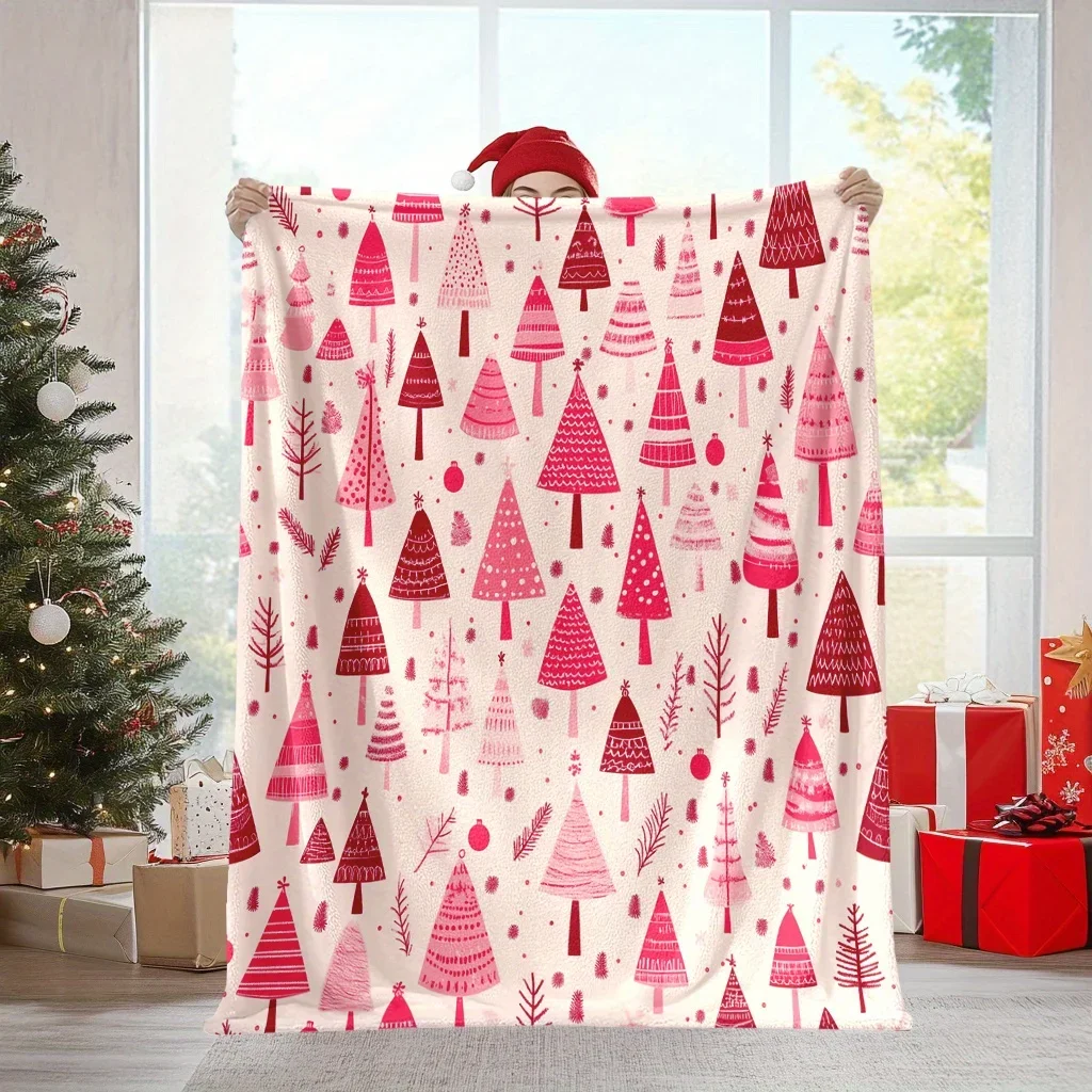 

Cozy Pink Christmas Tree Flannel Throw Soft Warm Versatile for Naps Camping Travel Home Decor Perfect Holiday Gift