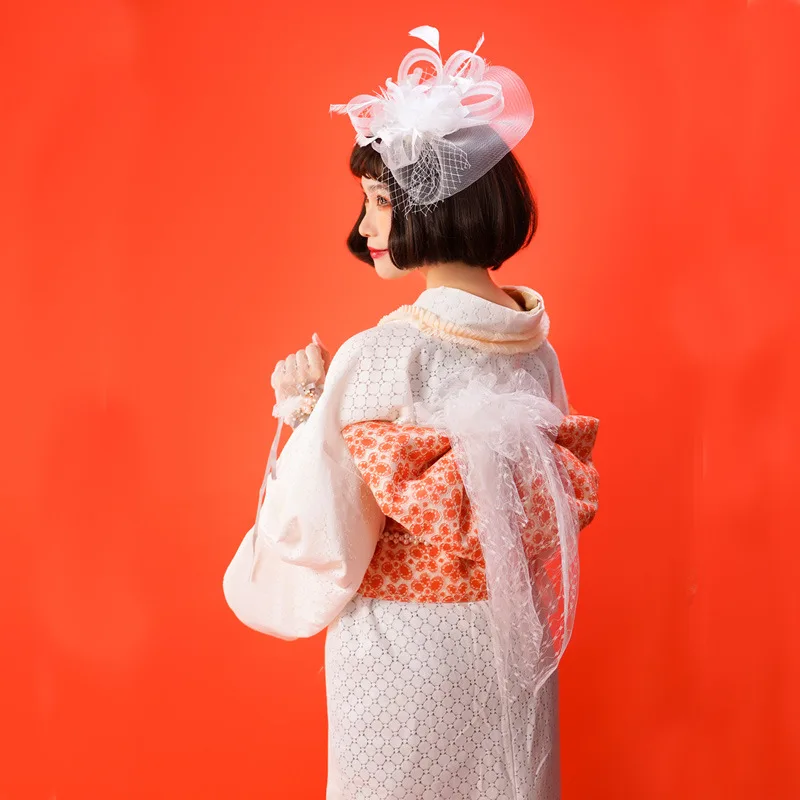 Women's White Lace Taisho Kimono Double Layers Calendar Japanese Traditional Kimono Set Performance Dress