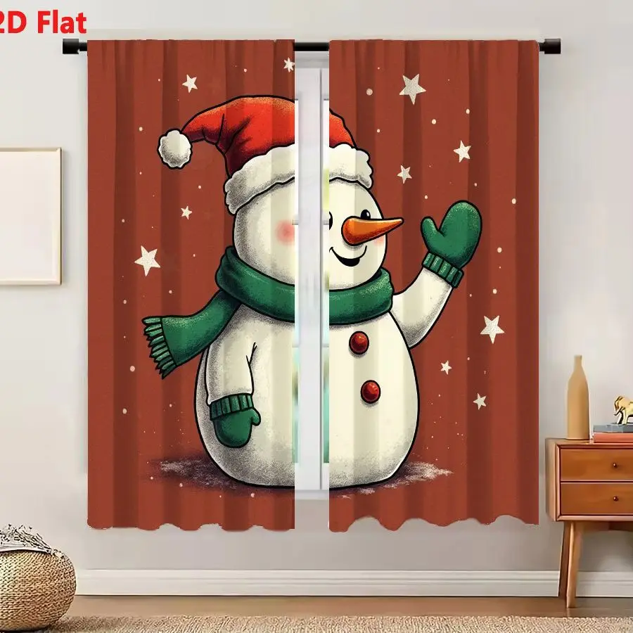2Pcs Curtains 2D Flat Cheerful Cartoon Snowman With Red Santa Hat Green Scarf And Mittens Waving Against Warm Brown Background W