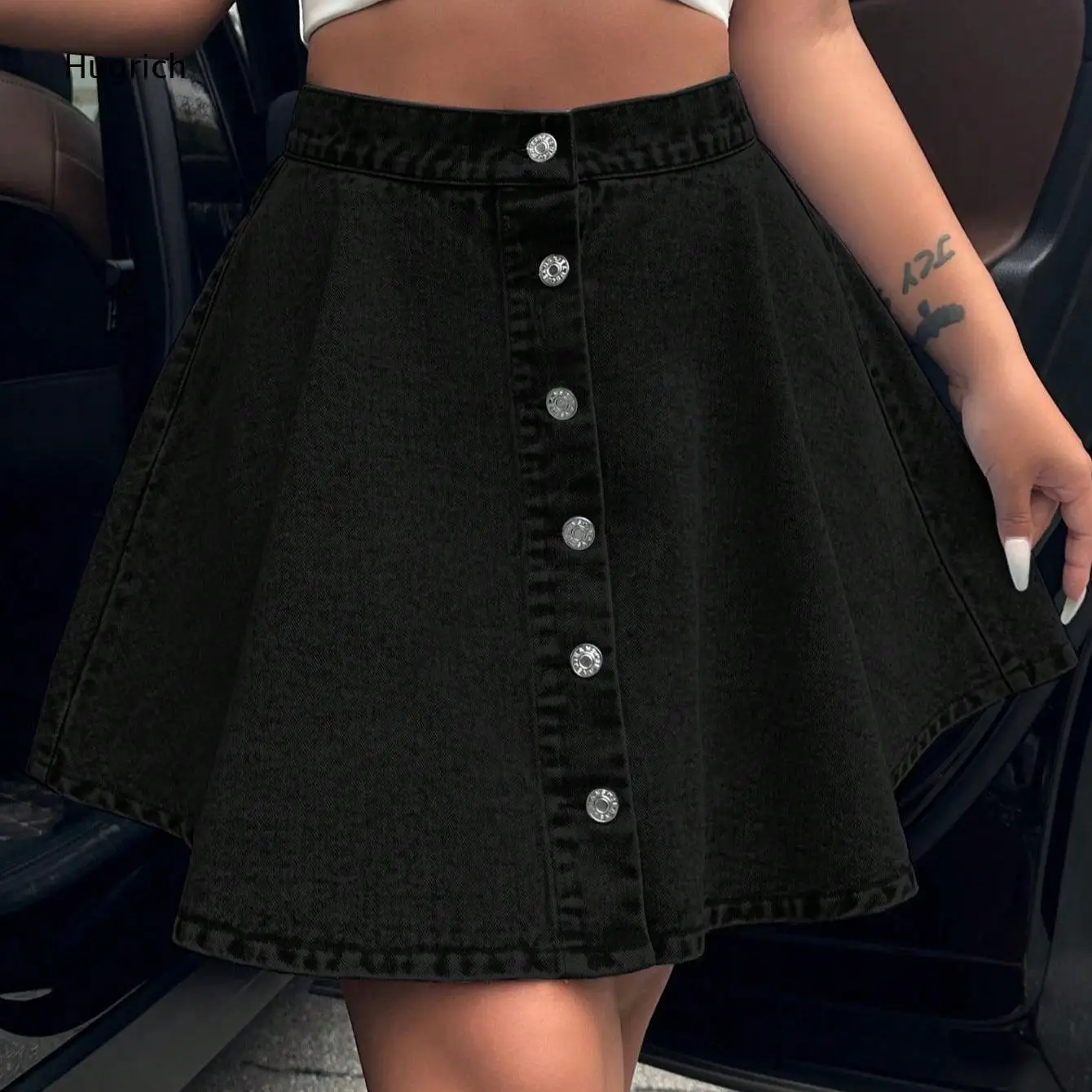 Solid White Denim Flared Mini Skirt For Women High Rise Waist All Front Buttons Swing Jean Skirt Daily Street Bottom view 2