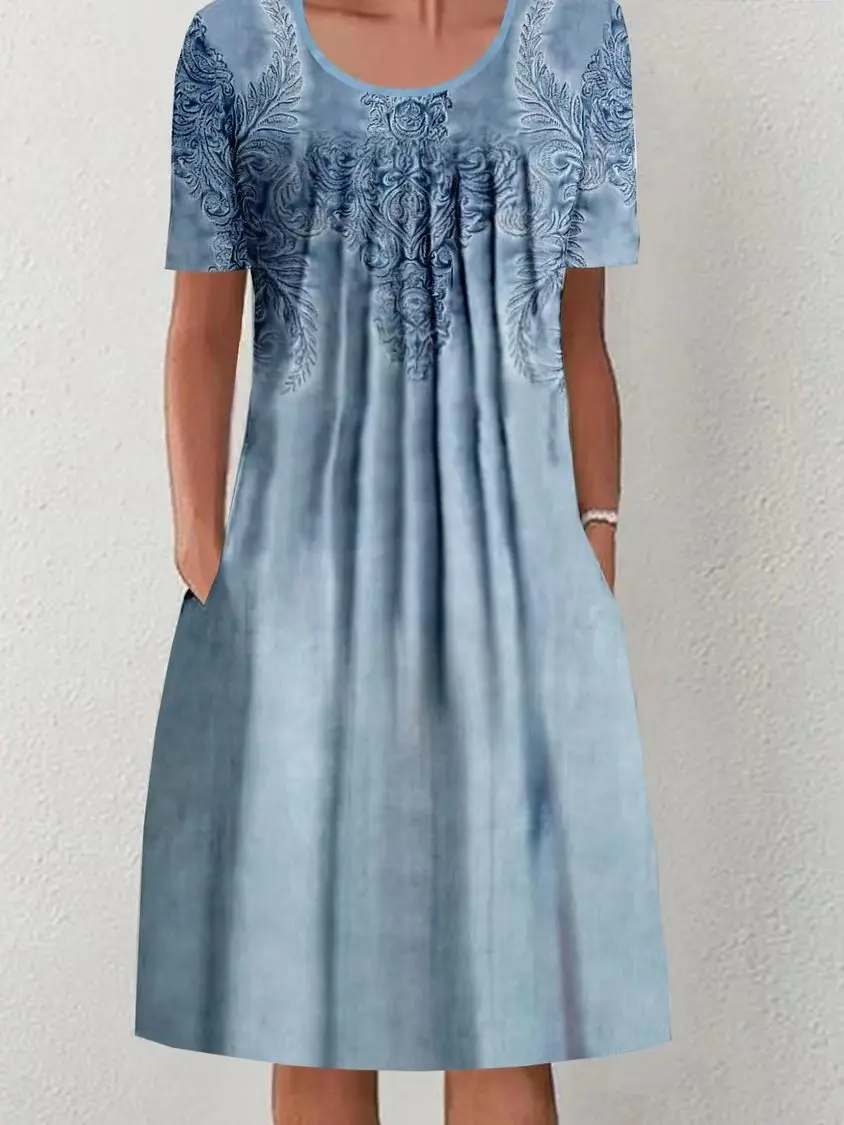 

Spring Summer Floral Print Dress Round Neck Pocket Mid Loose Elegant Long Dress for Women